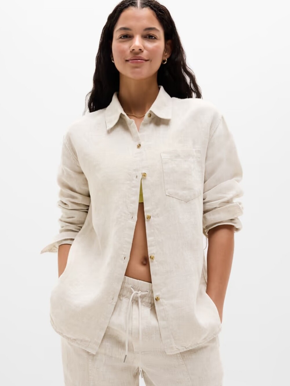 Athleta Retreat Linen Top Button Up Long Sleeve Shirt 100% Linen Undyed Sz M